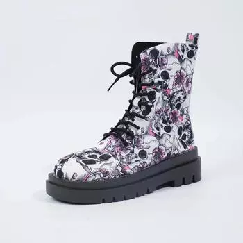 Женские короткие ботинки с рисунком черепа, армейские ботинки на шнуровке в стиле Хэллоуина, повседневные ботинки на платформе 35 бежевый