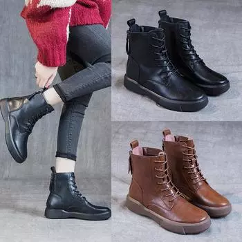 Женские короткие ботинки в британском стиле с большой подошвой, осень-зима 2024 года, с двойной молнией сзади, на плоской подошве, женские ботинки с мягкой подошвой 35 чёрный