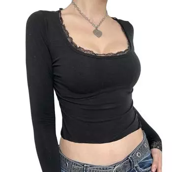 Женские короткие футболки с кружевной отделкой, рубашки с длинным рукавом и круглым вырезом, весенне-осенние облегающие топы, уличная одежда чёрный
