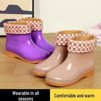 Женские короткие модные нескользящие резиновые сапоги — теплые, водонепроницаемые и готовые к использованию на открытом воздухе с хлопковой подкладкой 36