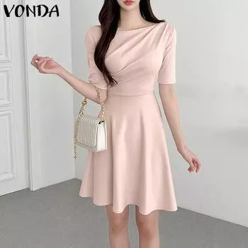 Женские короткие платья с круглым вырезом и короткими рукавами на талии, однотонные трапециевидные платья