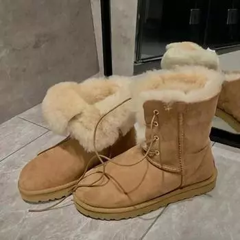 Женские короткие плюшевые теплые зимние ботинки со шнуровкой спереди, повседневная обувь 2024 года, новые замшевые меховые ботинки «Челси» на плоской подошве, женские ботинки на платформе 35