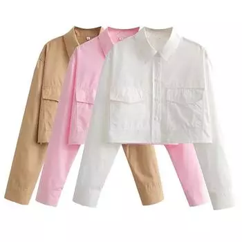 Женские короткие рубашки с длинным рукавом, белые блузки с карманами, женские топы, женская одежда S белый