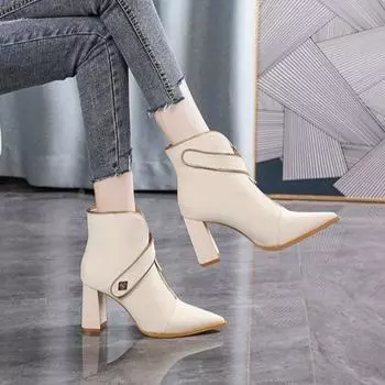 Женские короткие сапоги французского дизайна на толстом каблуке 34 чёрный