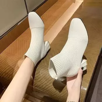 Женские короткие сапоги из эластичной ткани, женские туфли 2024 года на высоком каблуке с круглым носком, женские туфли-шпильки, модные ботильоны на резиновой подошве, осень 35 бежевый