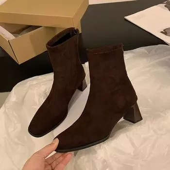 Женские короткие сапоги на флисовой подкладке, на высоком каблуке, в корейском стиле, зимняя обувь, новые осенние короткие сапоги, резиновый материал 35