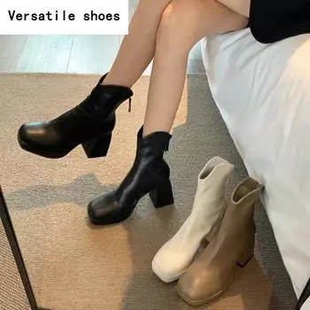 Женские короткие сапоги на толстом каблуке с платформой, модные ботильоны с квадратным носком, утягивающие ботильоны в стиле ретро, осенне-зимняя женская обувь 35