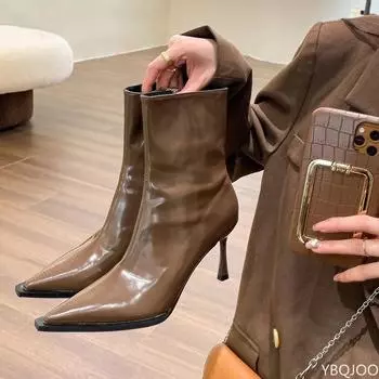 Женские короткие сапоги на тонком высоком каблуке 2024 года, новые модные остроносые ботильоны, женские осенне-зимние кожаные туфли с боковой молнией, сексуальные туфли-лодочки для вечеринок 35 белый