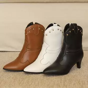 Женские короткие сапоги на высоком каблуке, осень и зима, новые, остроносые, однотонные, большие размеры, короткие сапоги 34 белый