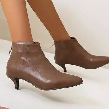 Женские короткие сапоги на высоком каблуке осень и зима, новые простые темпераментные сапоги с острым тонким каблуком большого размера 34 коричневый
