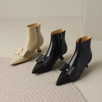 Женские короткие сапоги на высоком каблуке, осенне-зимние новые элегантные и элегантные короткие сапоги большого размера из воловьей кожи с острым носком и тонким каблуком 34 чёрный