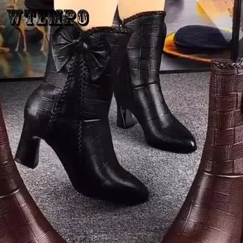 Женские короткие сапоги Осенние и зимние кожаные короткие бочонки из флиса на среднем каблуке 40 чёрный