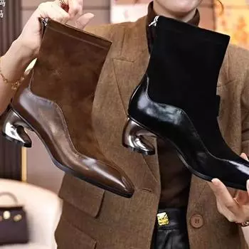 Женские короткие сапоги с квадратным носком, модные, с боковыми молниями, ботинки челси в стиле ретро, осенние женские туфли на толстом каблуке 35 чёрный