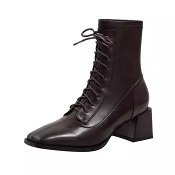 Женские короткие сапоги, современные сапоги из натуральной кожи, весенне-осенние ботинки, ботинки с квадратным носком 34 чёрный