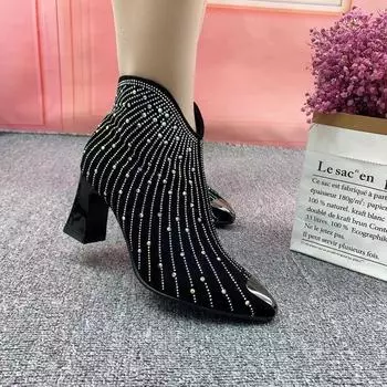 Женские короткие сапоги Superstar Rhinestone Boots Осень-зима 2024 Дизайнерские роскошные сапоги Женские остроносые туфли на каблуках для женщин 35 чёрный