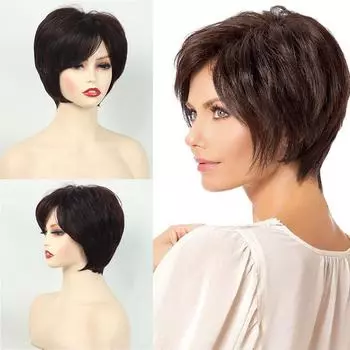 Женские короткие синтетические парики с челкой, прямые, многослойные, темно-коричневые волосы, вечерние, повседневные парики из термостойкого волокна
