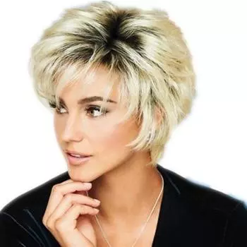 Женские короткие светлые синтетические парики с темными корнями для женщин, прическа для повседневного использования, естественные волосы, вьющиеся термостойкие парики света блондинка