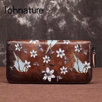 Женские кошельки и кошельки Johnature в стиле ретро, ручная роспись, кошелек из натуральной кожи, кошелек для карт, ручной кошелек коричневый