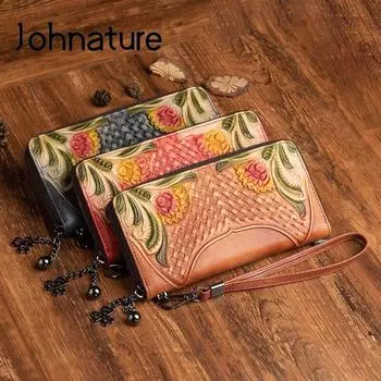 Женские кошельки и кошельки Johnature в стиле ретро, кошелек из натуральной кожи, держатель для карт, женский кошелек ручной работы с тиснением для телефона черный серый