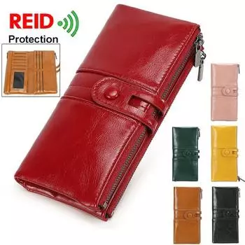 Женские кошельки из натуральной кожи с блокировкой RFID, кошелек с несколькими картами и карманом на молнии вино красного