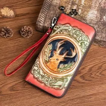 Женские кошельки Johnature из натуральной тисненой кожи в стиле ретро, длинный кошелек ручной работы с держателем для карт, кошелек для отдыха из натуральной яловой кожи чёрный