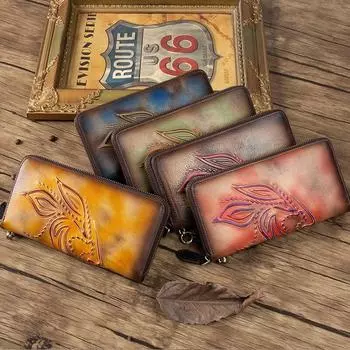 Женские кошельки Johnature из натуральной кожи, длинный кошелек ручной работы на молнии с держателем для карт, кошелек для телефона из воловьей кожи синий