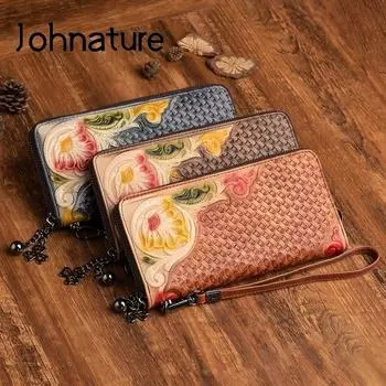 Женские кошельки Johnature из натуральной кожи в стиле ретро, кошелек ручной работы с тиснением, держатель для карт, для отдыха, из мягкой яловой кожи, женский длинный кошелек для телефона черный серый