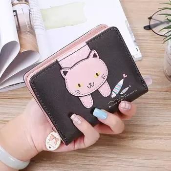 Женские кошельки с милым котом и ловлей рыбы, короткий кошелек на молнии, кожаный кошелек с держателем для кредитных карт, складной кошелек для студентов с героями мультфильмов чёрный