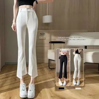 Женские костюмные брюки прямого кроя, высокая талия, утягивающие брюки, черные брюки-сигареты длиной до щиколотки с разрезом, повседневные брюки S белый
