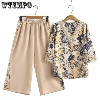 Женские костюмы из 2 предметов, женские рубашки и топы среднего возраста, летние комплекты для мам, футболка с короткими рукавами + брюки XL