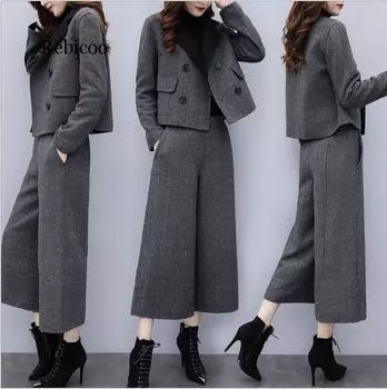 Женские костюмы из короткого пальто и широких брюк больших размеров, осенне-зимние шерстяные комплекты из двух предметов, элегантные офисные корейские комплекты XS