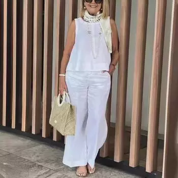 Женские костюмы Летняя мода Без рукавов Свободная блузка Широкие брюки Комплекты из двух предметов для женщин Повседневная одежда XXXXXL белый