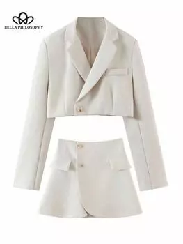 Женские костюмы с юбками, модный укороченный повседневный блейзер, женский костюм из 2 предметов, широкие плиссированные мини-юбки, женские наряды S белый