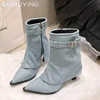 Женские ковбойские ботильоны с острым носком, модные туфли на высоком каблуке, новинка 2025 года, дизайнерские туфли-лодочки с пряжкой, зимние туфли-лодочки Chelsea Botas De Mujer 35 белый