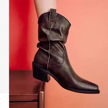 Женские ковбойские ботинки на толстом каблуке, женские ботильоны из искусственной замши на толстом каблуке, осенние новые пошивочные ботильоны без застежек с острым носком, женские ботинки 35