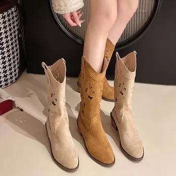 Женские ковбойские длинные сапоги больших размеров, повседневные, высокие, на толстом каблуке, с острым носком, вышитые рыцарские туфли 35-42 35 бежевый