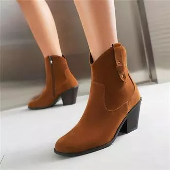 Женские ковбойские полусапоги до щиколотки с круглым носком на толстом высоком каблуке на молнии и ковбойские сапоги в западном стиле, женская модная зимняя обувь 44 34 чёрный