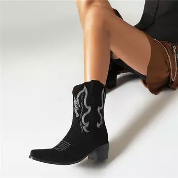 Женские ковбойские полусапоги до щиколотки с квадратным носком на толстом среднем каблуке и вышивкой в стиле вестерн, ковбойские ботинки, женская модная обувь, зимняя обувь 46 34 чёрный