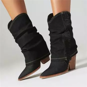 Женские ковбойские полусапоги с острым носком на массивном высоком каблуке, плиссированные ковбойские сапоги в западном стиле, женская обувь, осень-зима 43