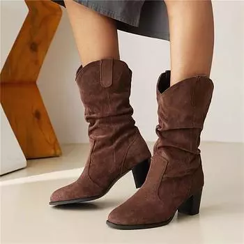 Женские ковбойские полусапожки до щиколотки, плиссированные сапоги в стиле вестерн на высоком толстом высоком каблуке с круглым носком, женская модная обувь, зимняя обувь 43 35 чёрный