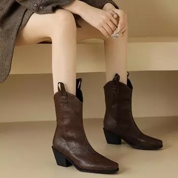 Женские ковбойские ретро-сапоги до середины голени, высокие толстые каблуки, с квадратным носком, рыцарские сапоги без застежек, женские, размер плюс 42 6