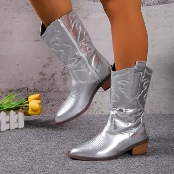 Женские ковбойские сапоги 2024 года, вышитые, с острым носком, на толстом каблуке, ботильоны в стиле вестерн, серебряные кисточки, женские ковбойские сапоги Zapatos 36 чёрный