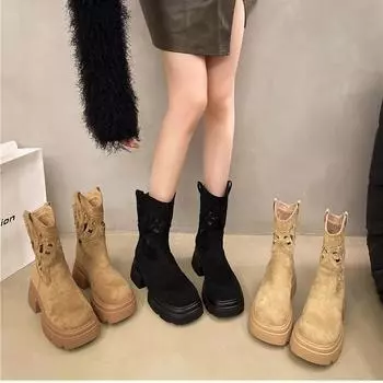 Женские ковбойские сапоги большого размера, повседневные, средней высоты, с плоским дном, с выемкой на каблуке, ботинки Martin, рыцарские туфли 35-42 35 чёрный