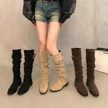 Женские ковбойские сапоги до колена с круглым носком, низким толстым блочным каблуком, широкими голенями, нескользящие сапоги из искусственной замши в стиле вестерн для верховой езды для женщин 35 темно-коричневого