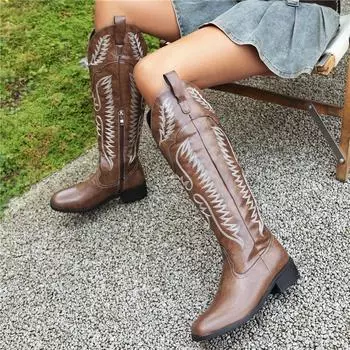 Женские ковбойские сапоги до колена с квадратным носком на плоской подошве, сапоги в стиле вестерн с вышивкой и молнией, женская модная обувь, зимняя обувь 43 35 чёрный
