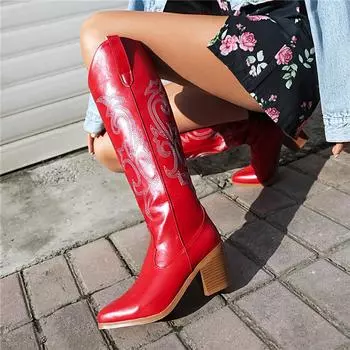 Женские ковбойские сапоги до колена, сапоги Gogo с круглым носком, ботинки в стиле вестерн с вышивкой на высоком толстом каблуке, женская обувь, зимняя обувь 43 35 коричневый