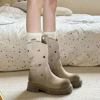 Женские ковбойские сапоги до середины голени с круглым носком, байкерские мотоциклетные сапоги для женщин, низкие толстые каблуки, ковбойские ботинки в стиле вестерн, повседневные ковбойские сапоги 35