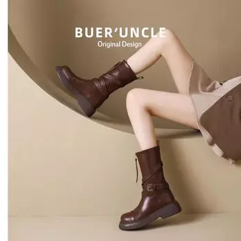 Женские ковбойские сапоги до середины голени с круглым носком, высокие сапоги для езды на мотоцикле, женские низкие толстые каблуки, ковбойские сапоги в стиле вестерн 35