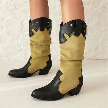 Женские ковбойские сапоги до середины икры, ковбойские сапоги с круглым носком, на толстом среднем каблуке, разноцветные сапоги в стиле вестерн, женская модная обувь, зимняя обувь 43 35 чёрный