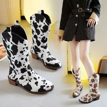 Женские ковбойские сапоги до середины икры, на низком массивном блочном каблуке, сапоги в стиле вестерн с коровьим принтом для женщин, сапоги в стиле пастушки, ботильоны без шнуровки с острым носком в стиле ретро 36 чёрный
